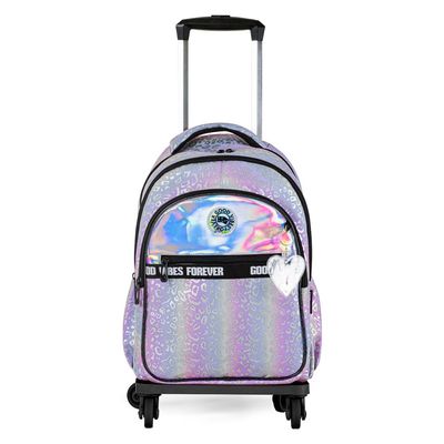 Eazy Kids 17" School Bag Set of 4 w/ 4 Wheel Trolley, Lunch Bag and Pencil Case - Good Vibes - Silver