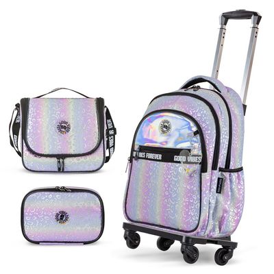 Eazy Kids 17" School Bag Set of 4 w/ 4 Wheel Trolley, Lunch Bag and Pencil Case - Good Vibes - Silver