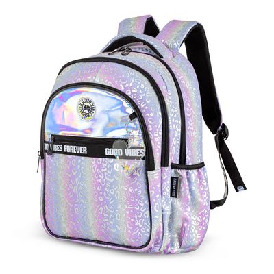 Eazy Kids 17" School Bag Set of 4 w/ 4 Wheel Trolley, Lunch Bag and Pencil Case - Good Vibes - Silver
