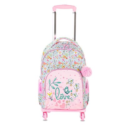 Eazy Kids 17" School Bag Set of 3 w/ 4 Wheel Trolley, Pencil Pouch - Love Pink