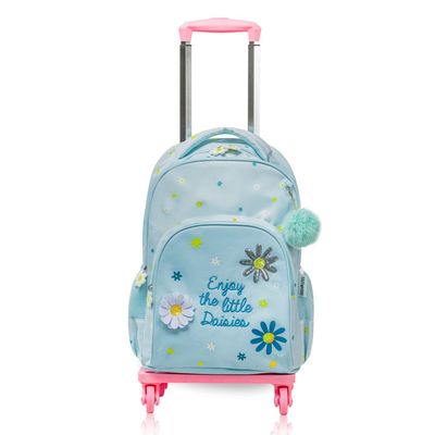Eazy Kids 17" School Bag Set of 4 w/ 4 Wheel Trolley, Lunch Bag and Pencil Pouch - Little Daisy Green