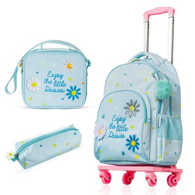 Eazy Kids 17" School Bag Set of 4 w/ 4 Wheel Trolley, Lunch Bag and Pencil Pouch - Little Daisy Green