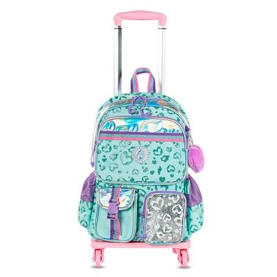Eazy Kids 17" School Bag Set of 4 w/ 4 Wheel Trolley, Lunch Bag and Pencil Pouch - Love Green