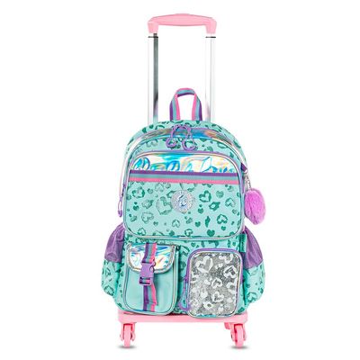 Eazy Kids 17" School Bag Set of 4 w/ 4 Wheel Trolley, Lunch Bag and Pencil Pouch - Love Green