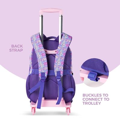 Eazy Kids 18" Set of 4 Backpack w/ 4 Wheel Trolley, Lunch Bag and Pencil Case - 3D Butterfly Purple