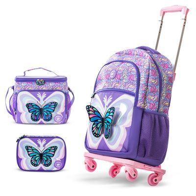 Eazy Kids 18" Set of 4 Backpack w/ 4 Wheel Trolley, Lunch Bag and Pencil Case - 3D Butterfly Purple