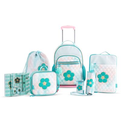 Eazy Kids 18" Set of 9 Backpack w/ 4 Wheel Trolley, Lunch Bag and Pencil Case - Flora Green