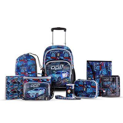 Eazy Kids 18" Set of 9 Backpack w/ 4 Wheel Trolley, Lunch Bag and Pencil Case - Car Racing