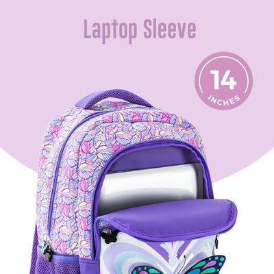 Eazy Kids 18" Set of 9 Backpack w/ 4 Wheel Trolley, Lunch Bag and Pencil Case - 3D Butterfly Purple
