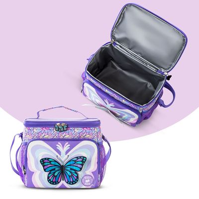 Eazy Kids 18" Set of 9 Backpack w/ 4 Wheel Trolley, Lunch Bag and Pencil Case - 3D Butterfly Purple