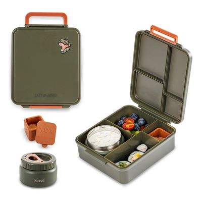Eazy Kids Jumbo Bento Lunch Box w/ Thermos & Dip Jar- Green