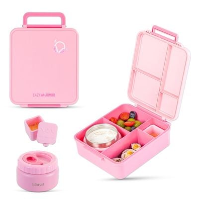 Eazy Kids Jumbo Bento Lunch Box w/ Thermos & Dip Jar- Pink