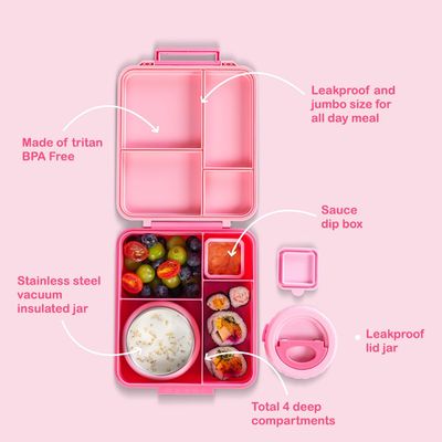 Eazy Kids Jumbo Bento Lunch Box w/ Thermos & Dip Jar- Pink