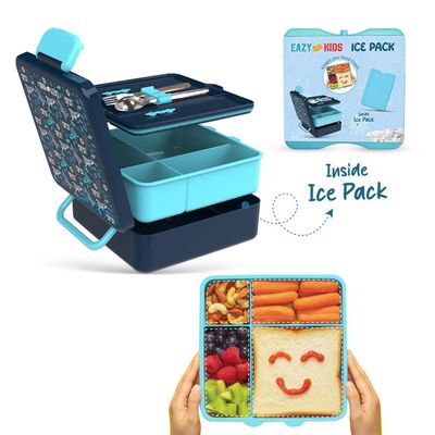Eazy Kids Jumbo Bento Lunch Box w/ 360ml Steel Water Bottle, Spoon & Fork Set, and Insulated Lunch Bag - Aircraft Blue