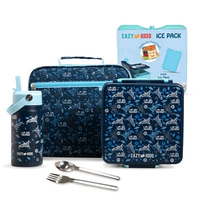 Eazy Kids Jumbo Bento Lunch Box w/ 360ml Steel Water Bottle, Spoon & Fork Set, and Insulated Lunch Bag - Aircraft Blue