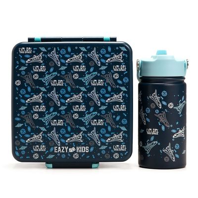 Eazy Kids Jumbo Bento Lunch Box w/ 360ml Steel Water Bottle, Spoon & Fork Set, and Insulated Lunch Bag - Aircraft Blue