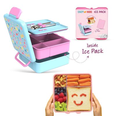Eazy Kids Jumbo Bento Lunch Box w/ 360ml Steel Water Bottle, Spoon & Fork Set, and Insulated Lunch Bag - Flamingo Pink