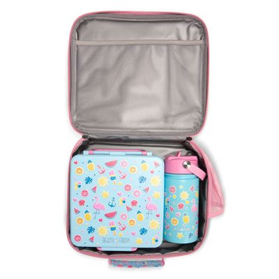 Eazy Kids Jumbo Bento Lunch Box w/ 360ml Steel Water Bottle, Spoon & Fork Set, and Insulated Lunch Bag - Flamingo Pink