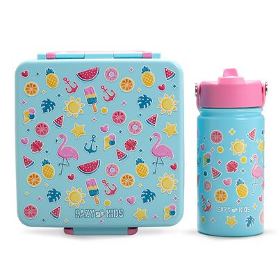 Eazy Kids Jumbo Bento Lunch Box w/ 360ml Steel Water Bottle, Spoon & Fork Set, and Insulated Lunch Bag - Flamingo Pink
