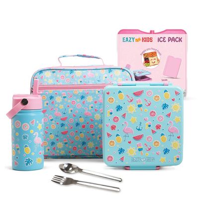 Eazy Kids Jumbo Bento Lunch Box w/ 360ml Steel Water Bottle, Spoon & Fork Set, and Insulated Lunch Bag - Flamingo Pink