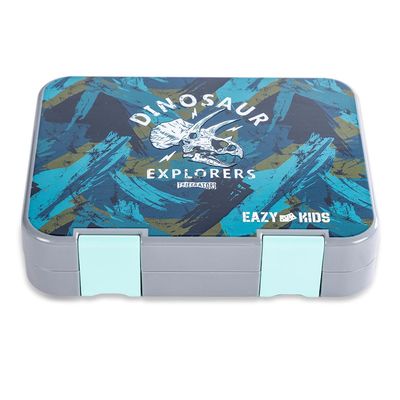 Eazy Kids 6 & 4 Convertible Bento Lunch Box w/ Steel Spoon & Fork Set and Alphabets Sticker - T-Rex Grey
