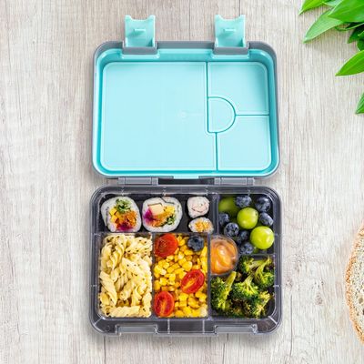 Eazy Kids 6 & 4 Convertible Bento Lunch Box w/ Steel Spoon & Fork Set and Alphabets Sticker - T-Rex Grey