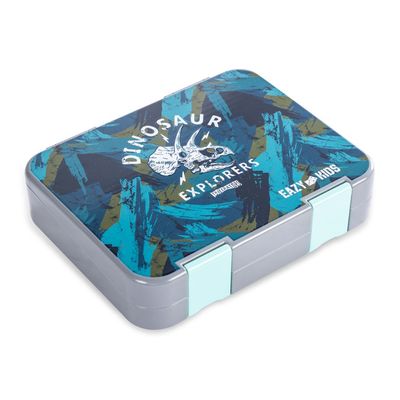 Eazy Kids 6 & 4 Convertible Bento Lunch Box w/ Steel Spoon & Fork Set and Alphabets Sticker - T-Rex Grey
