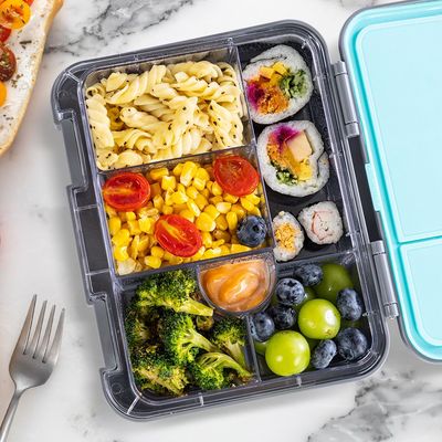 Eazy Kids 6 & 4 Convertible Bento Lunch Box w/ Steel Spoon & Fork Set and Alphabets Sticker - Car Racing Blue