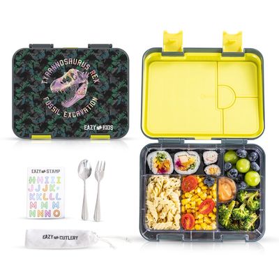 Eazy Kids 6 & 4 Convertible Bento Lunch Box w/ Steel Spoon & Fork Set and Alphabets Sticker - T-Rex dino Grey