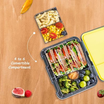 Eazy Kids 6 & 4 Convertible Bento Lunch Box w/ Steel Spoon & Fork Set and Alphabets Sticker - T-Rex dino Grey