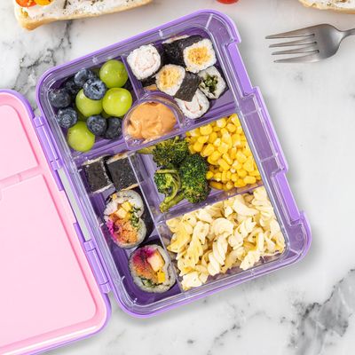 Eazy Kids 6 & 4 Convertible Bento Lunch Box w/ Steel Spoon & Fork Set and Alphabets Sticker - Butterfly Purple
