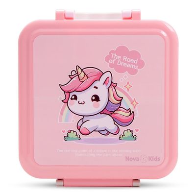 Nova Kids 3 Compartment Bento Lunch Box w/ Spoon & Fork Set and Stainless Steel Jar - Unicorn Pink