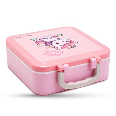Nova Kids 3 Compartment Bento Lunch Box w/ Spoon & Fork Set and Stainless Steel Jar - Unicorn Pink