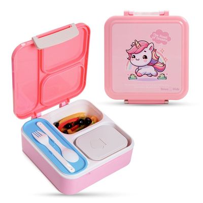 Nova Kids 3 Compartment Bento Lunch Box w/ Spoon & Fork Set and Stainless Steel Jar - Unicorn Pink