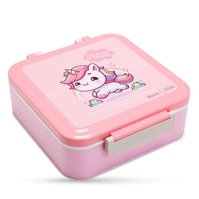Nova Kids 3 Compartment Bento Lunch Box w/ Spoon & Fork Set and Stainless Steel Jar - Unicorn Pink