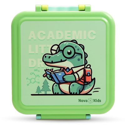Nova Kids 3 Compartment Bento Lunch Box w/ Spoon & Fork Set and Stainless Steel Gravy Box -  Dino Green