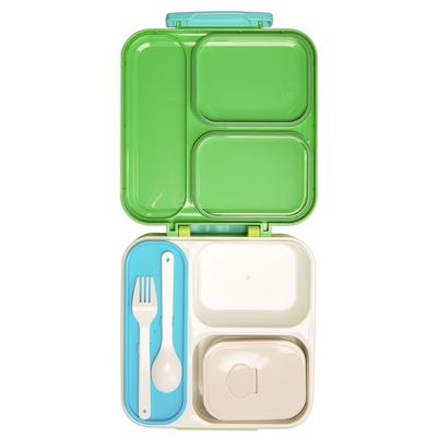 Nova Kids 3 Compartment Bento Lunch Box w/ Spoon & Fork Set and Stainless Steel Gravy Box -  Dino Green