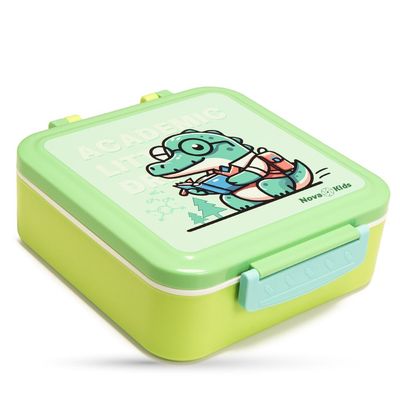 Nova Kids 3 Compartment Bento Lunch Box w/ Spoon & Fork Set and Stainless Steel Gravy Box -  Dino Green