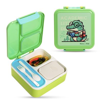 Nova Kids 3 Compartment Bento Lunch Box w/ Spoon & Fork Set and Stainless Steel Gravy Box -  Dino Green