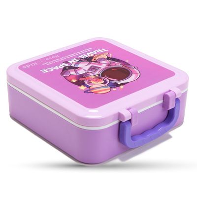 Nova Kids 3 Compartment Bento Lunch Box w/ Spoon & Fork Set and Stainless Steel Gravy Box - Astronaut Purple
