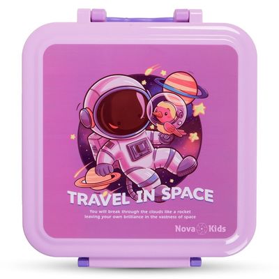 Nova Kids 3 Compartment Bento Lunch Box w/ Spoon & Fork Set and Stainless Steel Gravy Box - Astronaut Purple