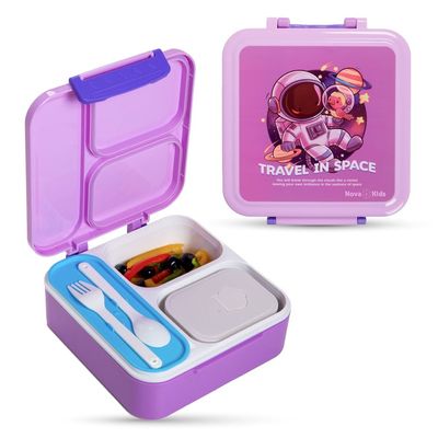 Nova Kids 3 Compartment Bento Lunch Box w/ Spoon & Fork Set and Stainless Steel Gravy Box - Astronaut Purple