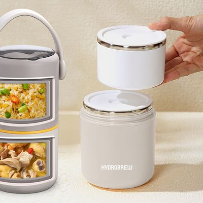 HYDROBREW Double Decker Stainless Steel Lunch Box w/ Folding Spork - Grey