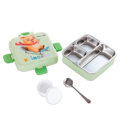 Nova Kids Stainless Steel 3 Compartment Bento Lunch Box w/ Spoon and  Sauce Box - Reindeer Green