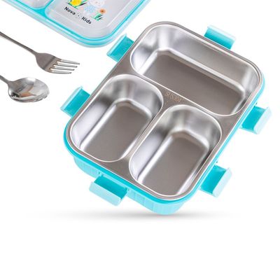 Nova Kids Stainless Steel 3 Compartment Bento Lunch Box w/ Spoon & Fork Set - Blue