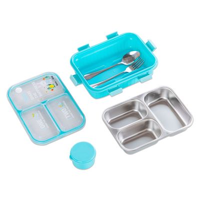 Nova Kids Stainless Steel 3 Compartment Bento Lunch Box w/ Spoon & Fork Set - Blue