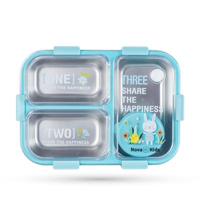 Nova Kids Stainless Steel 3 Compartment Bento Lunch Box w/ Spoon & Fork Set - Blue