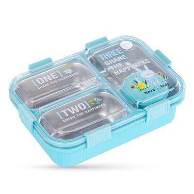 Nova Kids Stainless Steel 3 Compartment Bento Lunch Box w/ Spoon & Fork Set - Blue