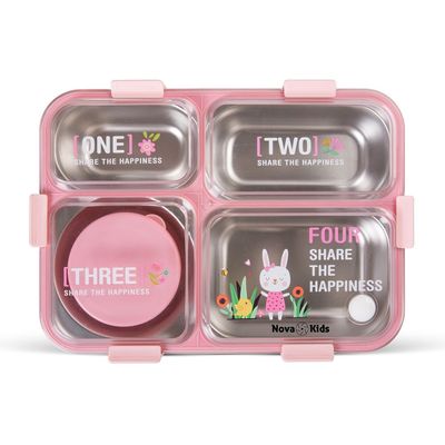 Nova Kids Stainless Steel 3 Compartment Bento Lunch Box w/ Spoon & Fork Set - Pink