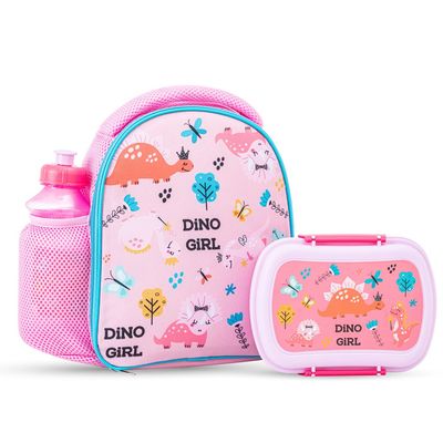 Nova Kids Lunch Bag Combo w/ Lunch Box and Water Bottle - Dinosaurs Pink